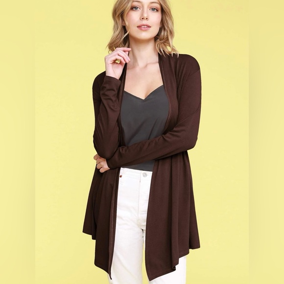 Draped Front Open Cardigan Casual Long Sleeve Lightweight Cardigan -brown - Picture 2 of 6